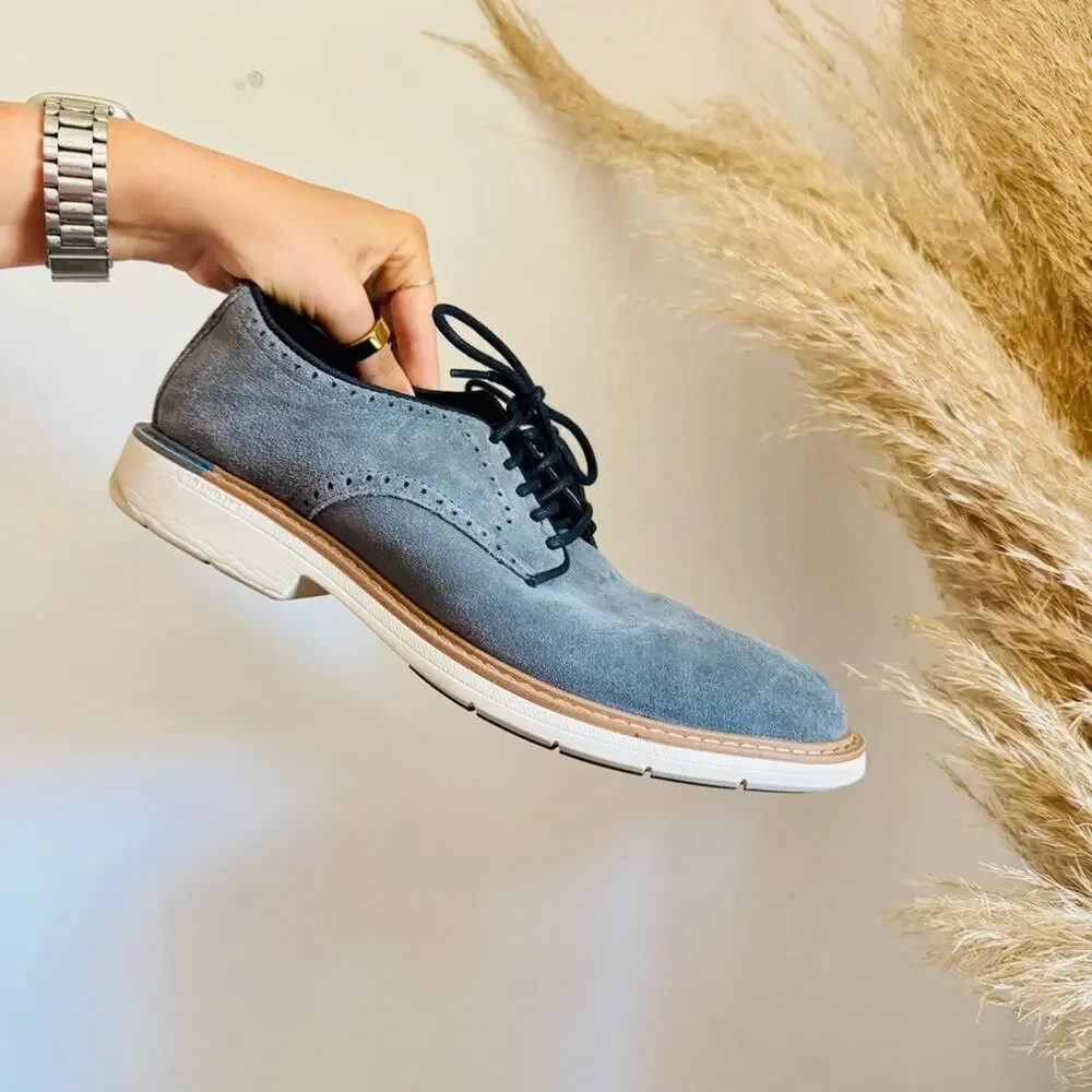 MENS COLE HAAN Soft Blue Suede Leather White Tan Black Derby Oxford Lace Up 8.5